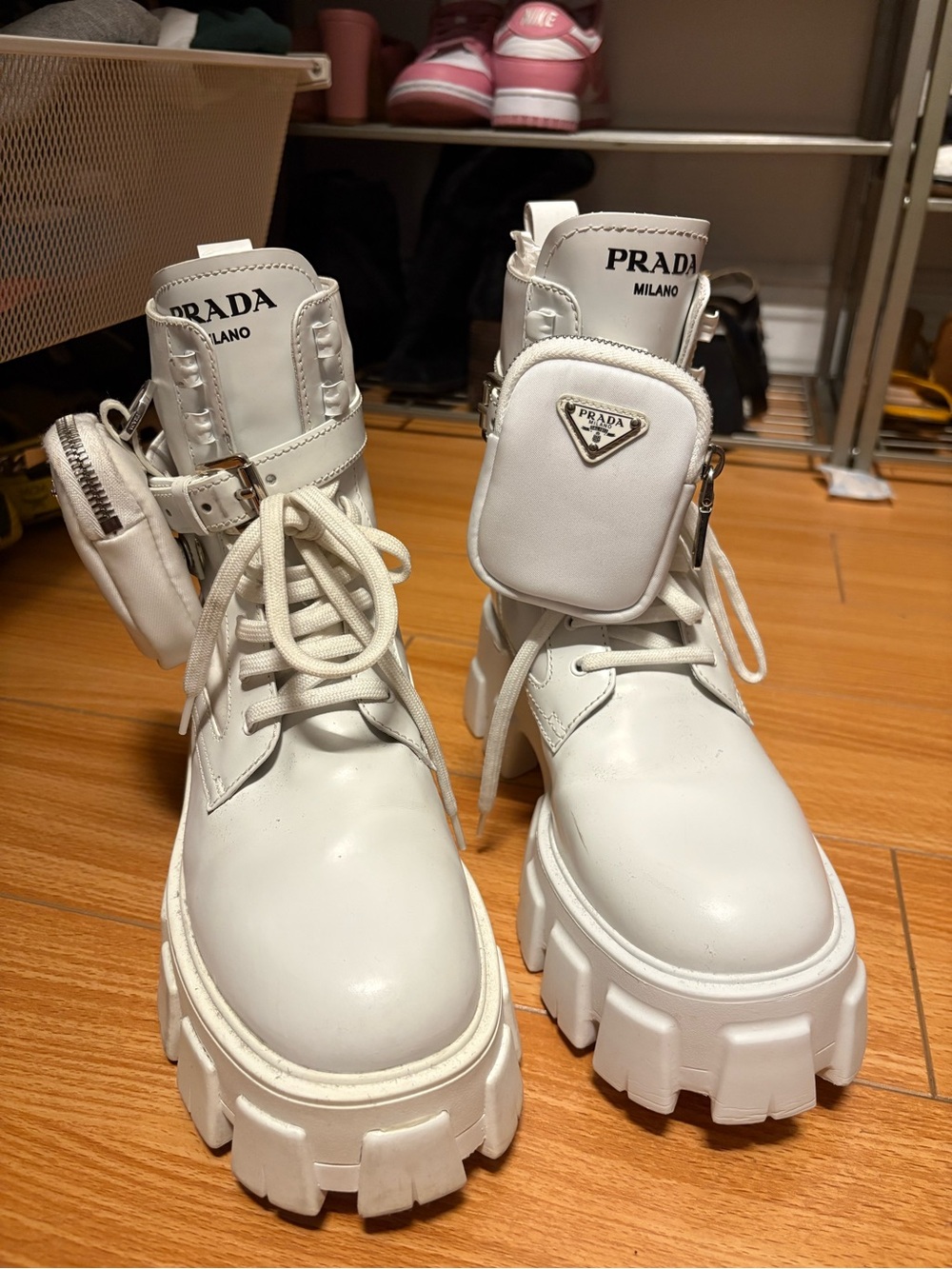 Prada White Leather Lug-Sole Combat Boots with Detachable Pouch